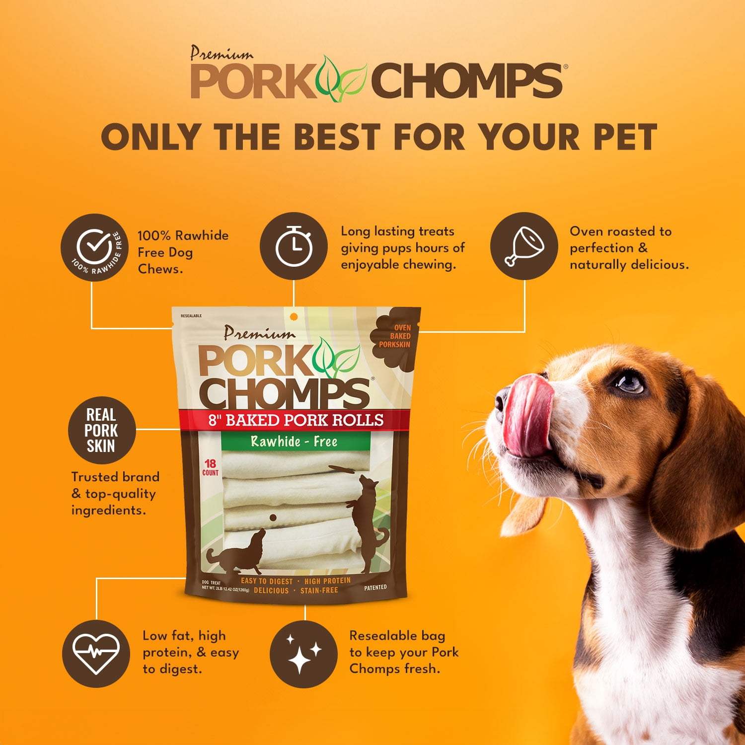 Pork Chomps Premium Rawhide-Free Baked Pork Skin Chew Rolls for Dogs, 8 Inch, 18 Count