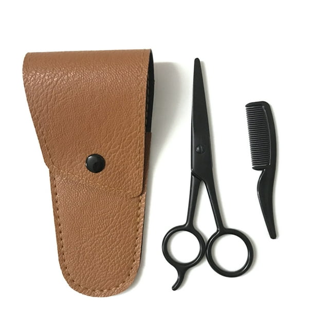 TFixol Black Beard Grooming Kit with Compact Scissors, Mini Comb, and Leather Pouch – 125mm Scissors, 72mm Comb, 50g Package