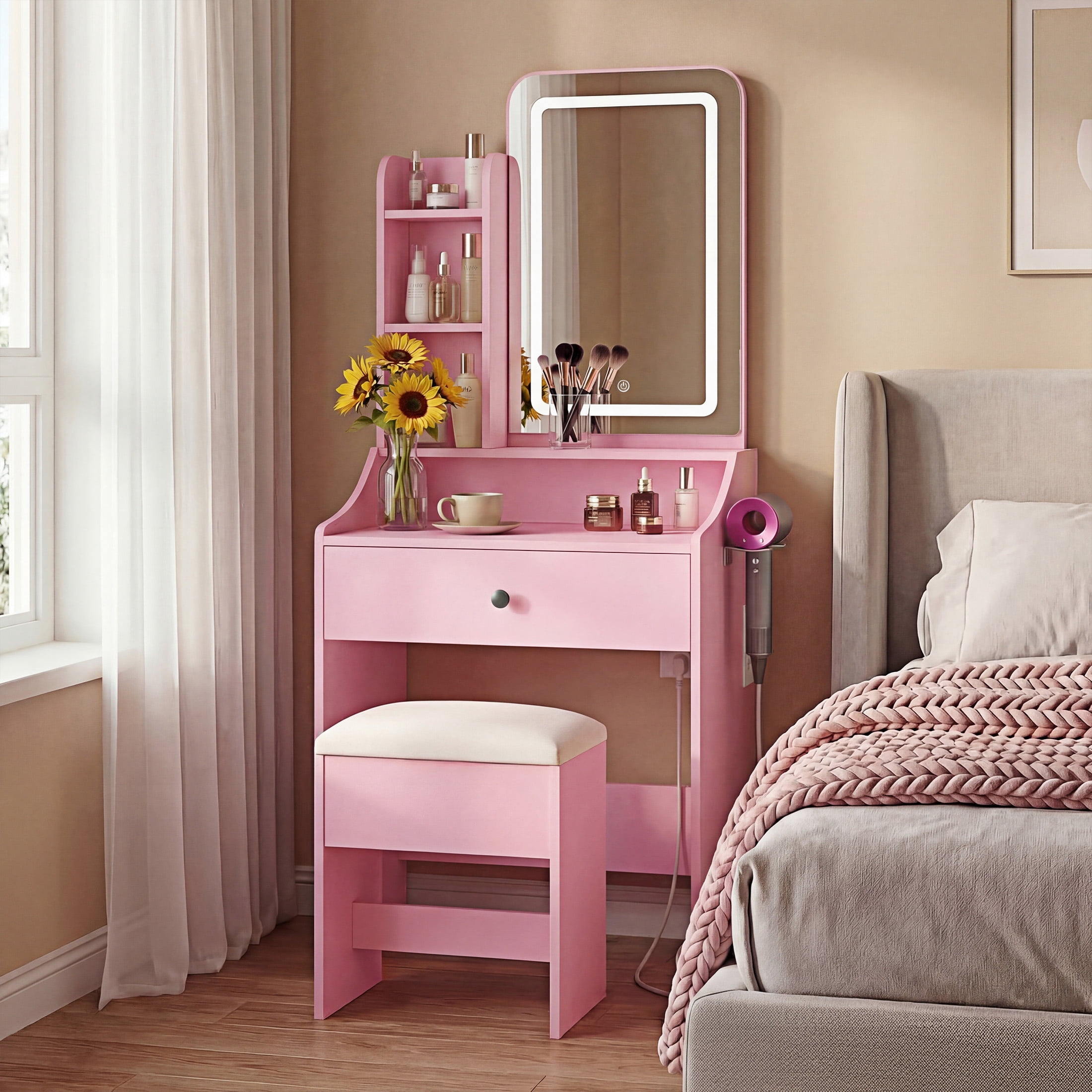 EDX 24" Makeup Vanity Table and Chair Set,  Modern Vanity Desk with Mirror,  Power Outlets&3 Lighting Modes,  Pink
