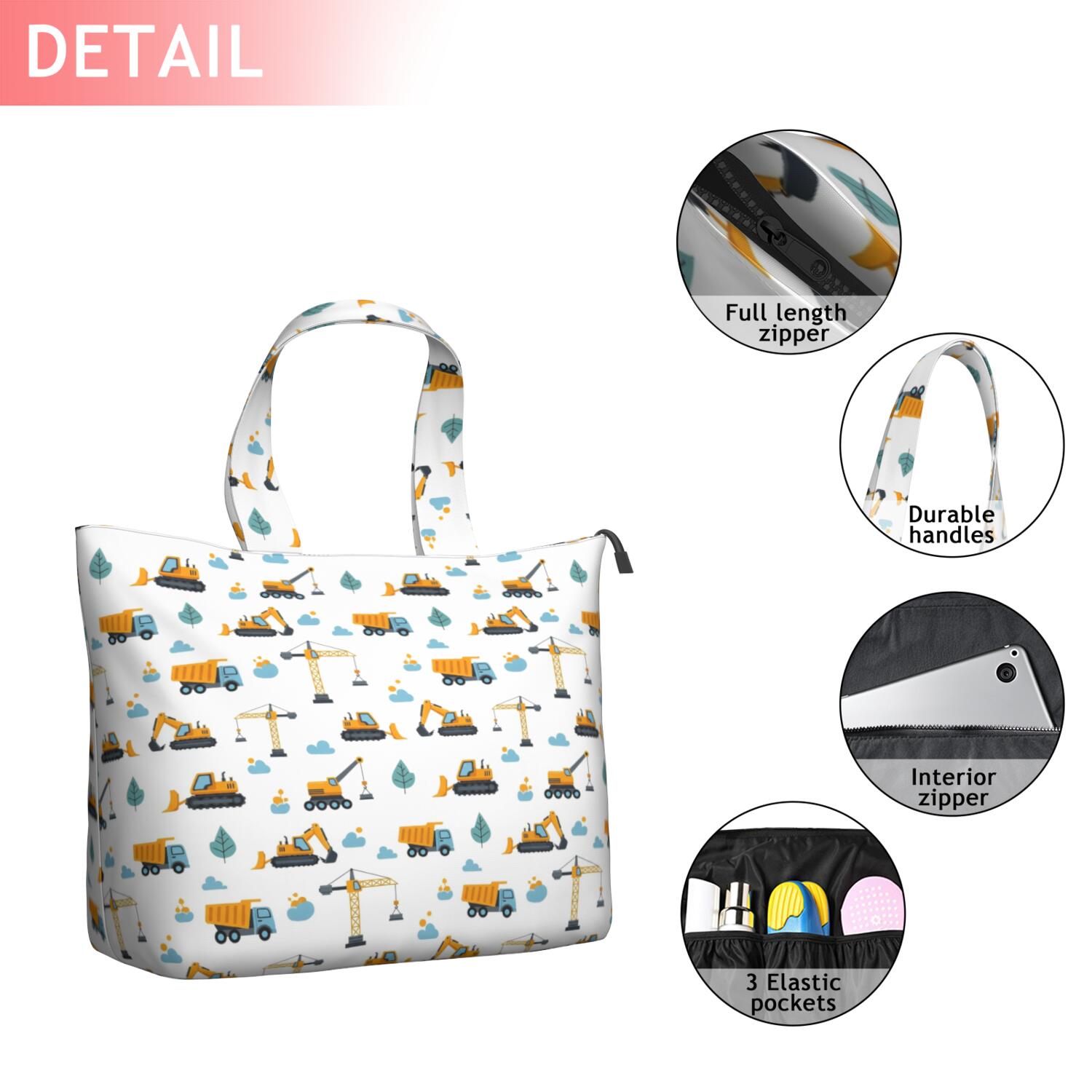 Cartoon Construction Vehicles Clouds White Pattern Travel Tote Bags for Women Carry On,Large Weekender Bags for Women Travel,Multi Functional Duffle Bag for Work,Shopping,Sports
