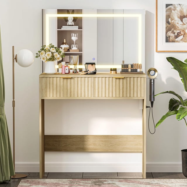 EDTara Led Lighted Fluted Vanity Desk, Makeup Table With 3-Mode Mirror, 2 Storage Drawers, Power & Usb Charging and Hair Dryer Rack