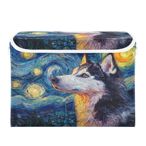 Large Collapsible Storage Box Flip Lid Fabric Decorative Organizer Container Basket with Handles 16.5×12.6×11.8in Siberian Husky