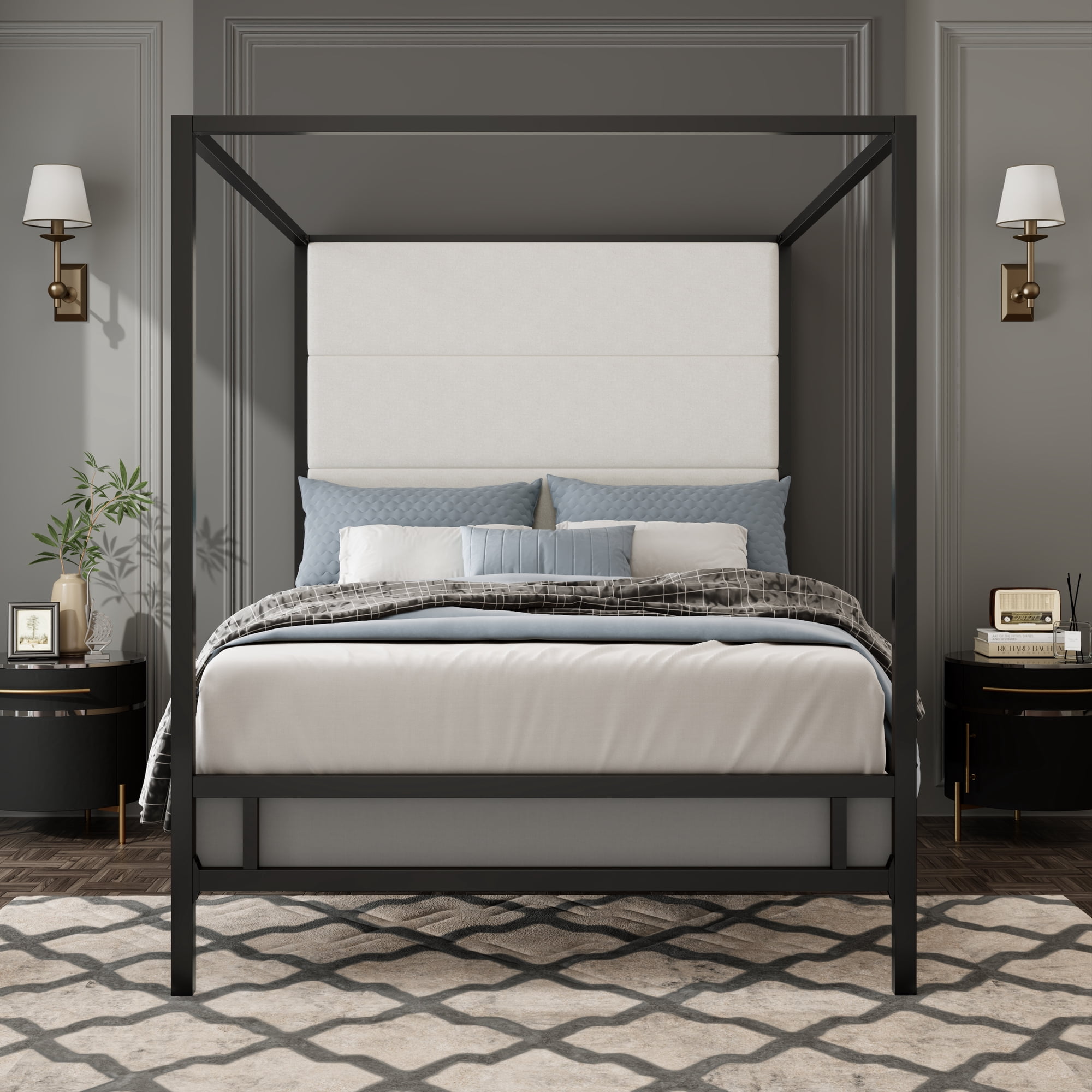 Harper & Bright Designs Metal Queen Canopy Bed Frame with Tall Headboard, Velvet Upholstered 4-Poster Bed with Slat Support for Bedroom, Black,White