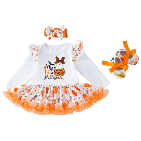 

MQLKF Newborn Toddler Infant Baby Kids Girls Halloween Pumpkin Romper Dress Shoes Hairband Set&Outfits Relaxed Breathable Classic Infant Costume Pajamas