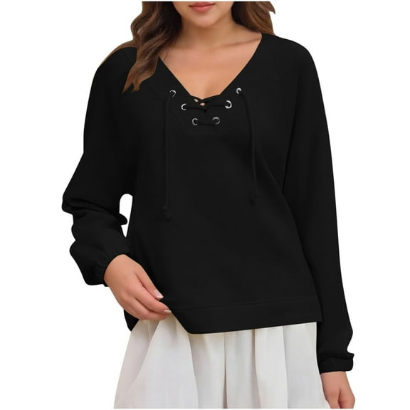 Htigea Womens Lace Up Sweatshirts Casual V Neck Long Sleeve Tops Lightweight Fall Pullover Sweatshirt Black S