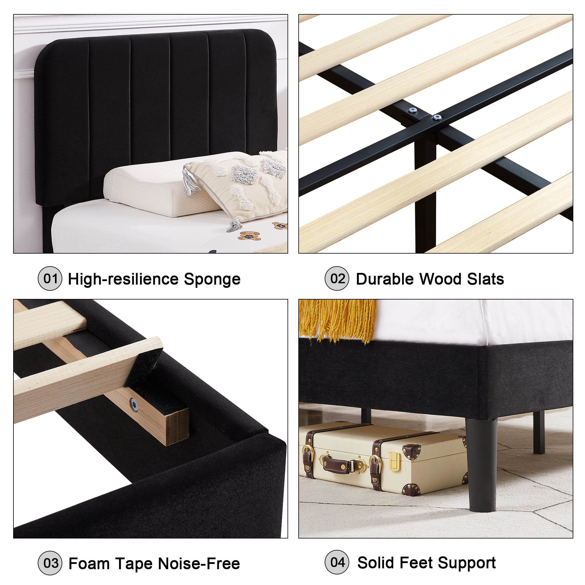 VECELO Queen Size Bed Frame with Upholstered Headboard, Velvet Platform Bedframe Mattress Foundation, Strong Wood Slat Support, No Box Spring Needed,Velvet Black