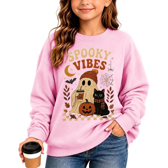 NordicNest Girls Halloween Sweatshirt Hoodless Cute Print Long Sleeve Loose Fit for Casual Wear Pink,3-4 Years