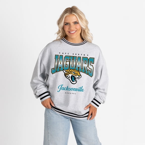 Women's Gameday Couture Ash/Black Jacksonville Jaguars Oversized Gridiron Drive Ringer Stripe Sweatshirt