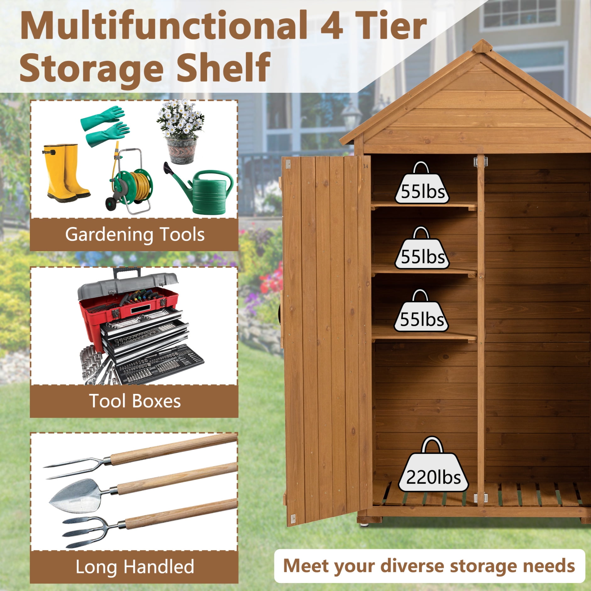 Durable Outdoor Storage Cabinet & Garden Tool Shed with Waterproof Roof, 6 Adjustable Stainless Steel Feet & Fir Wood Shelves for Large Tools, 39.56x22.04x68.89 Inches - Compact Patio/Garage Storage