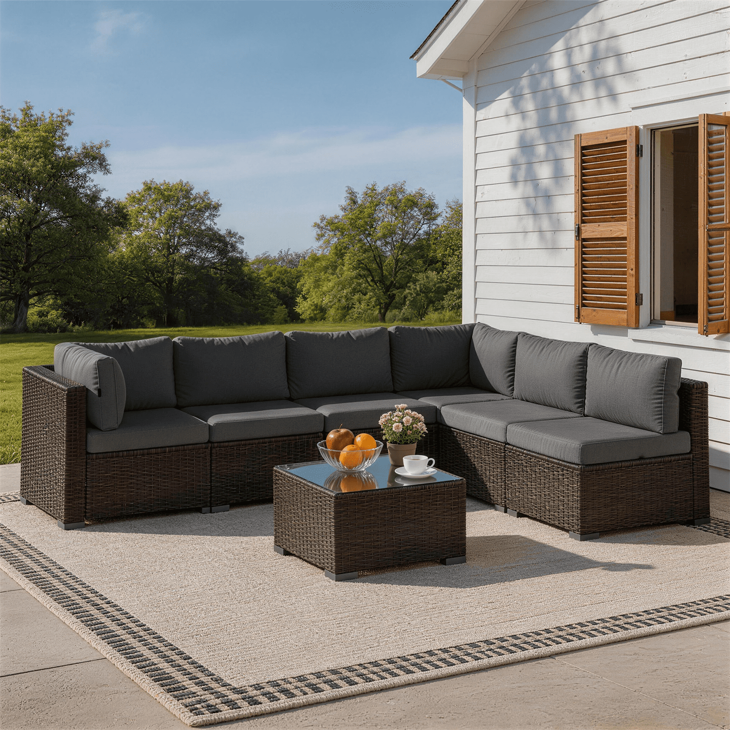 Clouddwell 7 Piece Outdoor Patio Furniture Set, Wicker Rattan Patio Sectional Sofa Set, Grey