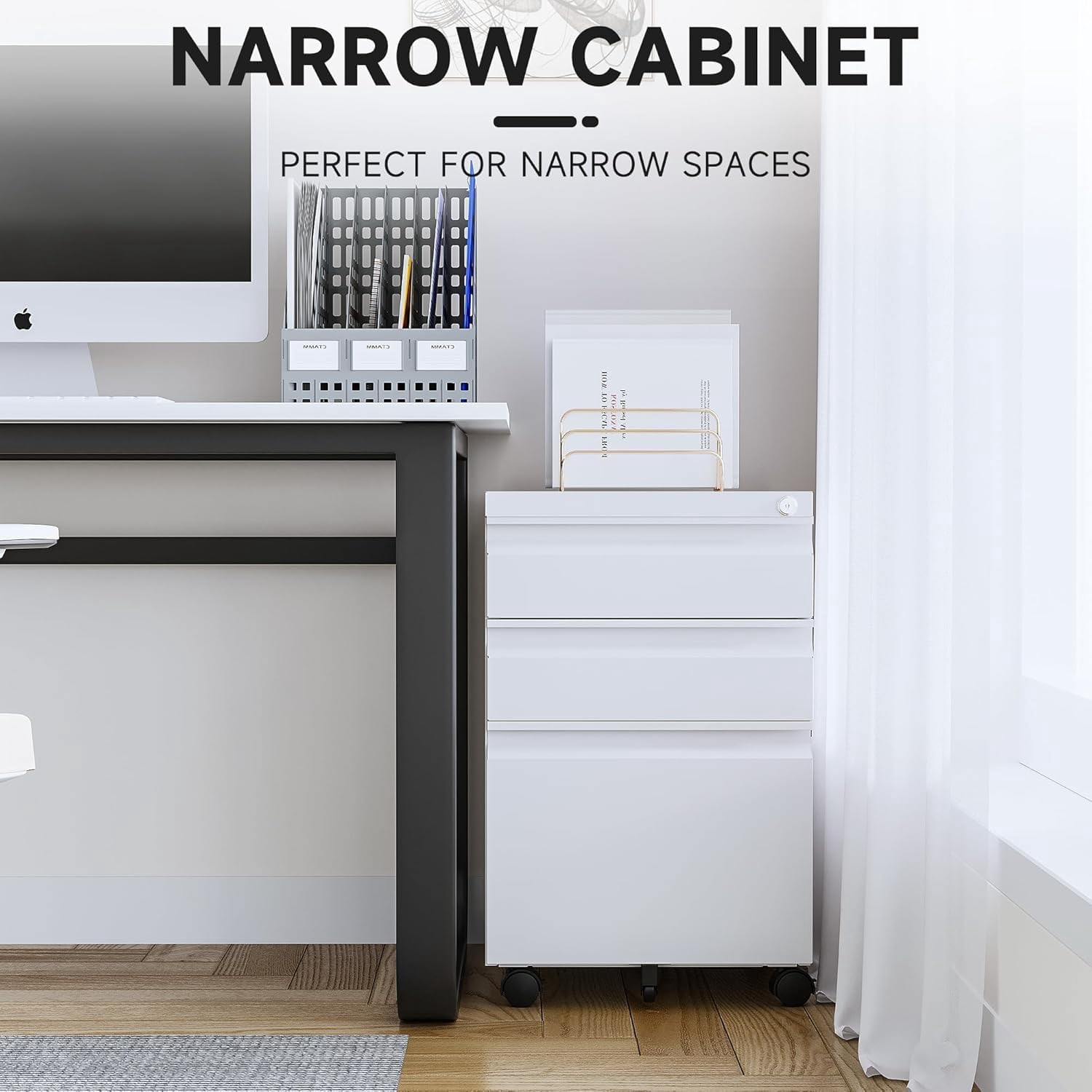 Steel Rolling File Cabinet 3 Drawers with Lock, Compact Under Desk Storage for Home Office, Fits A4 Legal Letter Folders, White