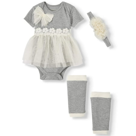 Miniville Short Sleeve Tulle Skirt Bodysuit, Leg Warmers & Headband, 3pc Outfit