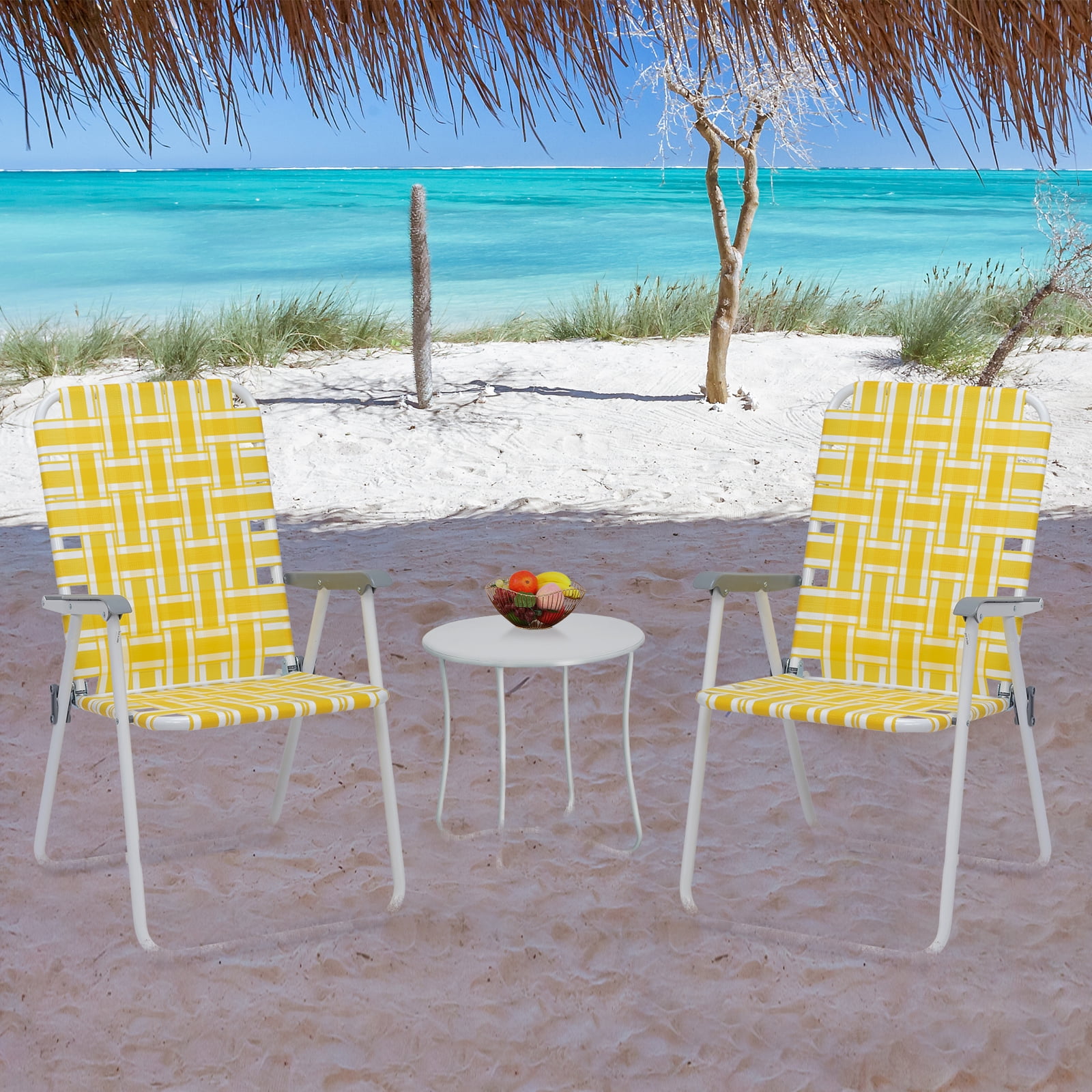 2Pcs Folding Beach Chair, Steel Tube PP Webbing Bearing 120kg Yellow & White Strip