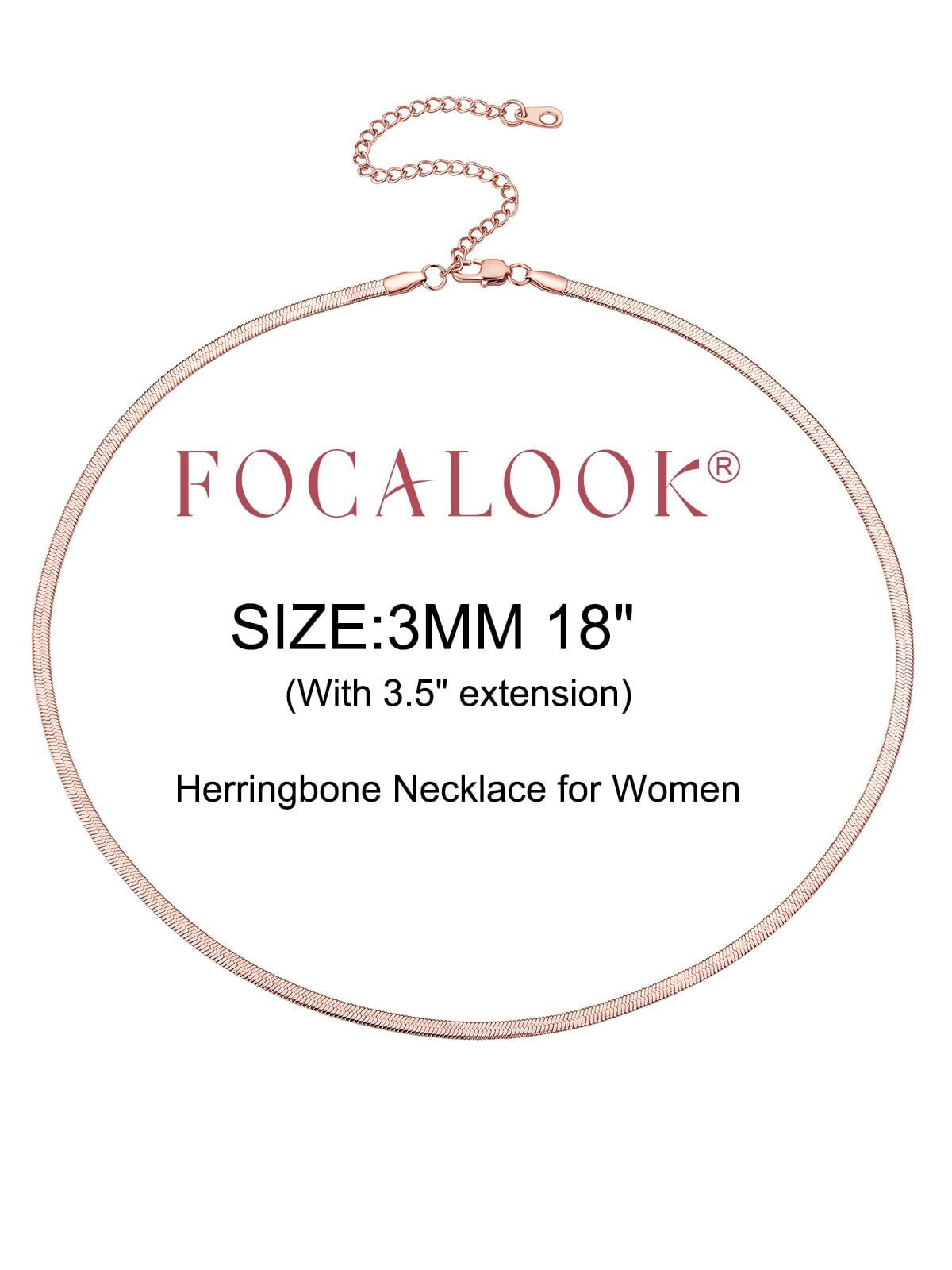 FOCALOOK Flat Snake Chain for Women Stainless Steel Rose Gold Plated Herringbone Choker Necklace Jewelry Birthday Christmas Valentine's Day Gifts 3MM 18 Inches