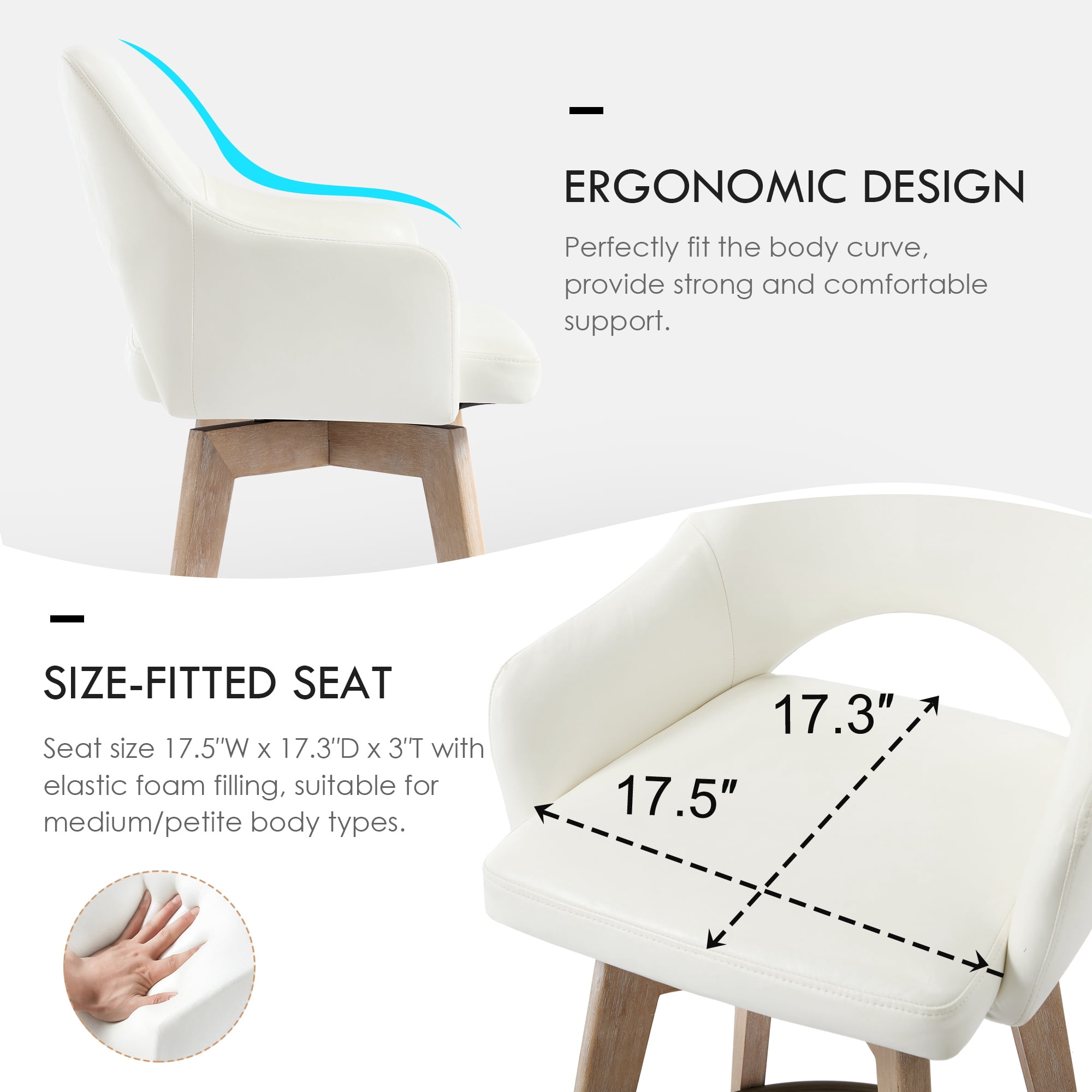 Zesthouse 26.8″ Swivel Counter Height Bar Stools Set of 2, Upholstered Faux Leather Bar Stools with Back and Wood Legs, Mid Century Modern Barstool Island Chairs for Kitchen Counter, Cream
