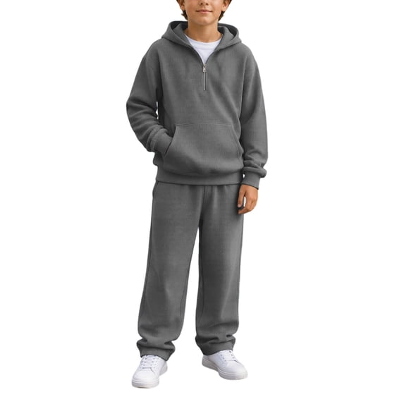 2 Piece Waffle Sets for Boy Long Sleeve Quarter Zip Hooded Pullover Loose Sweatpants Boys Fall Winter Lounge Outfits