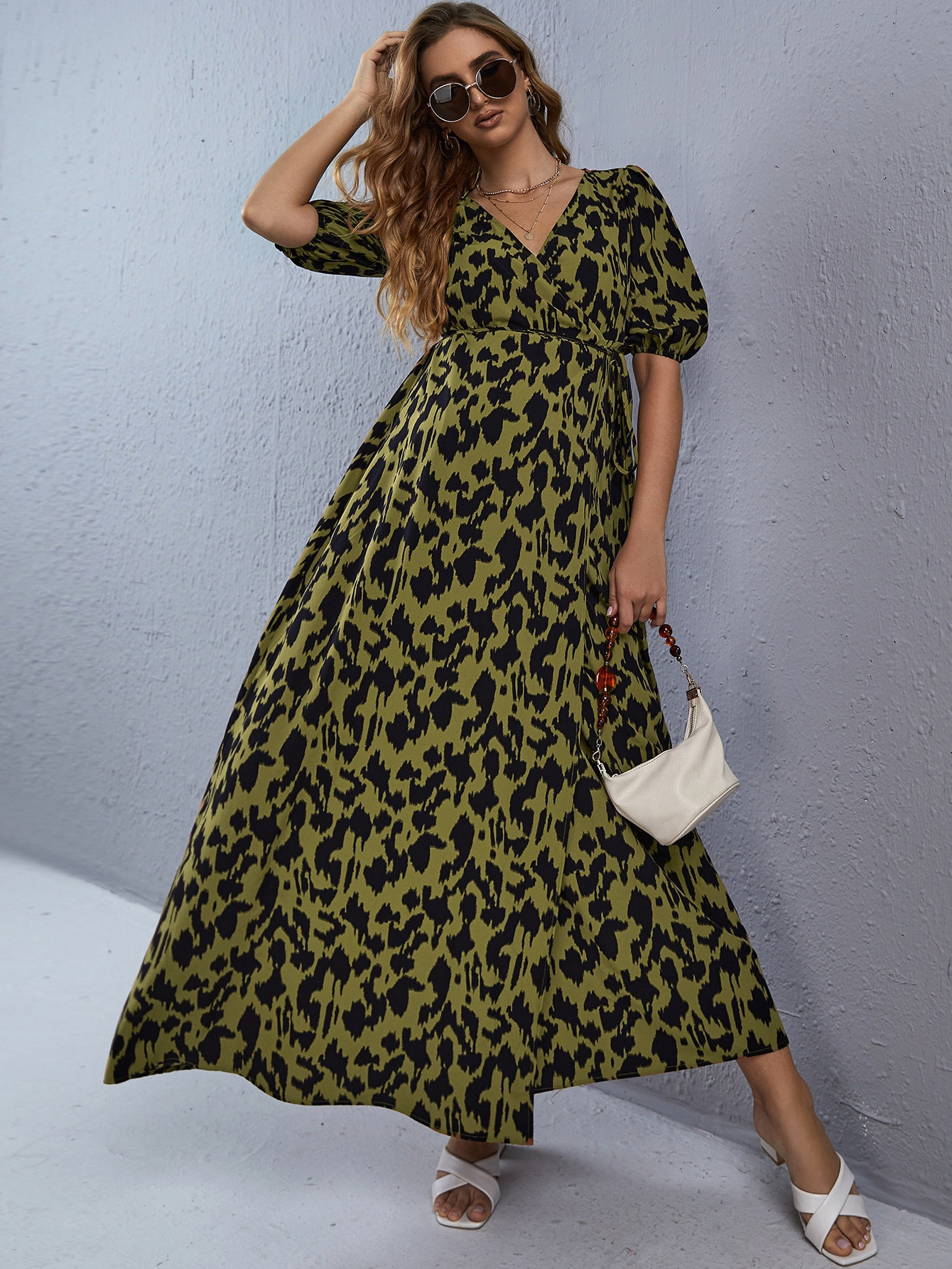 dalmatian print surplice neck belted dress