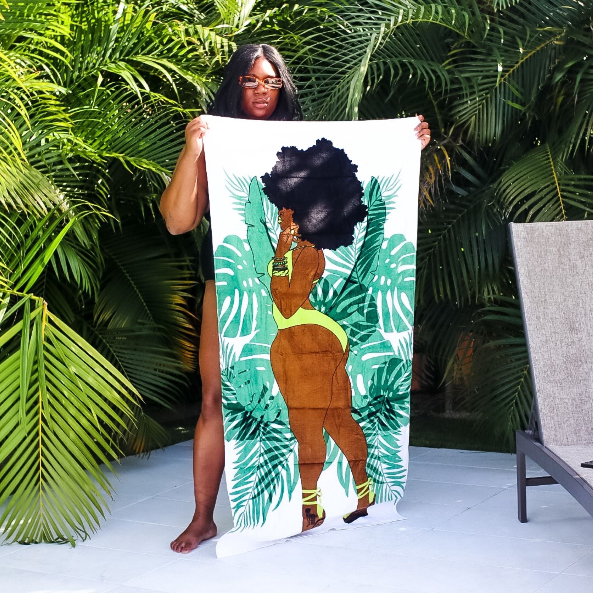 Pardon My Fro June Large Plush Cotton Beach Towel for Women, White & Green, 30" x 60", 1 Piece