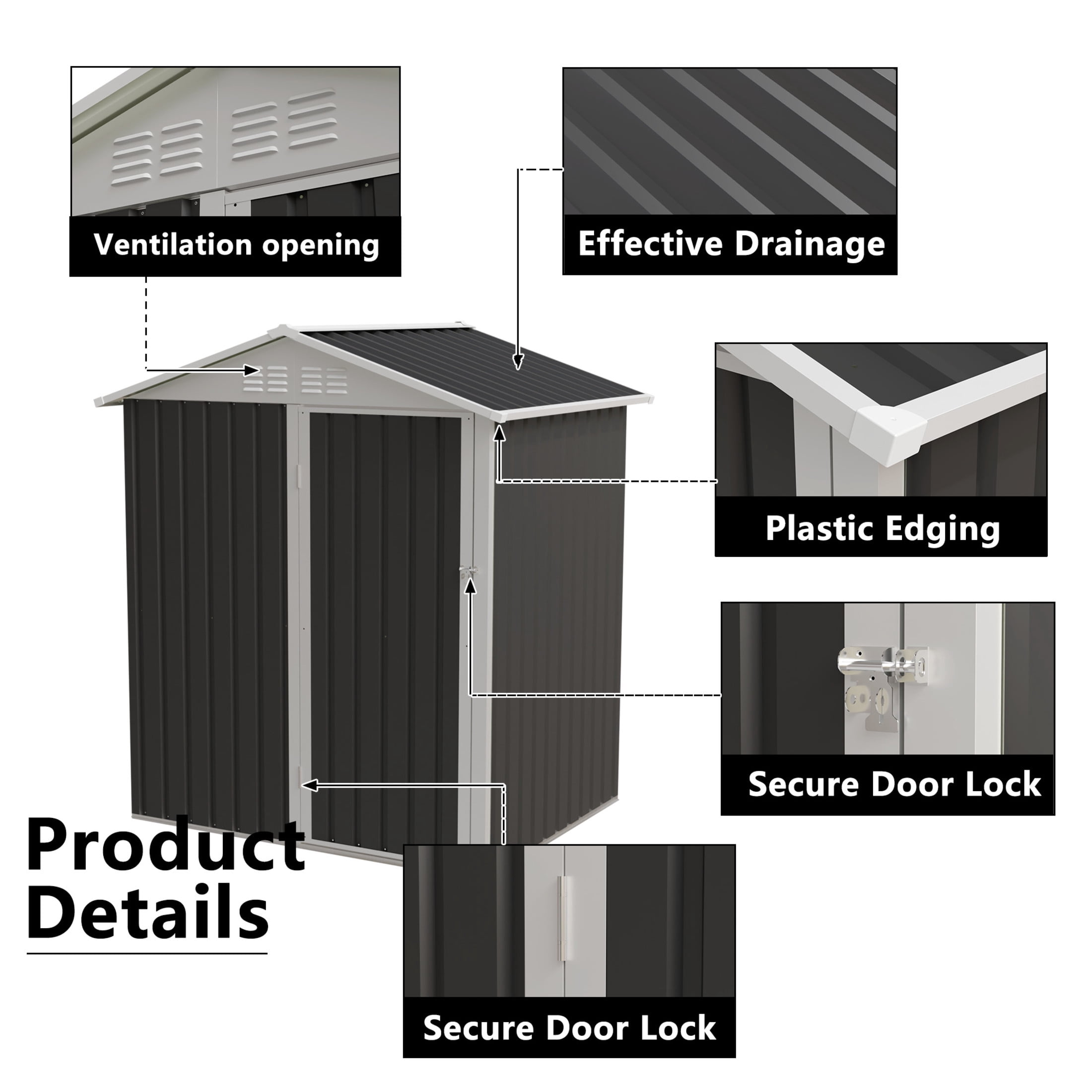 Noble House 5x4 FT Metal Outdoor Garden Shed, Galvanized Steel Apex Roof Backyard, Patio Storage House, Grey