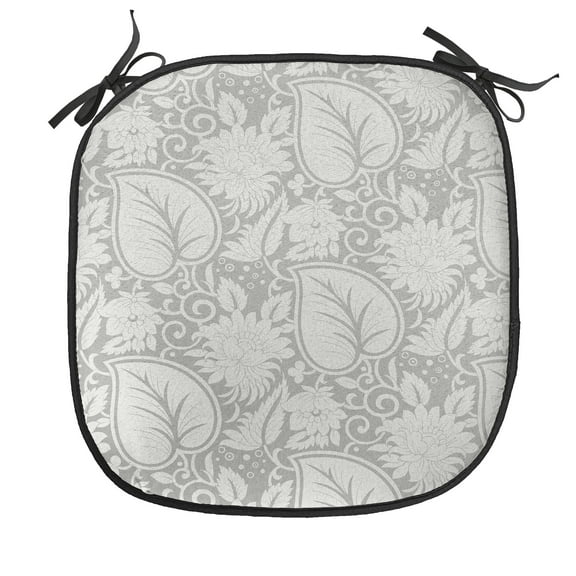 Grey Chair Seating Cushion Set of 2, Big Leaves on Old Fashion Floral Background Feminine Dramatic Style Retro Graphic Print, Seat Pads for Office with Anti-slip Backing, 16"x16", Grey, by Ambesonne