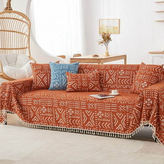 Nvzi-a Couch Cover Chenille Sofa Covers Boho Tassel Sofa Towel Cover for Living Room Sofa Easy Fit Washable Furniture Sofa Protector 70.87*70.87inch (Orange)