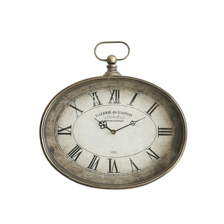 Vintage Decorative Wall Clock - 16 Inch Distressed Gold Oval Pocket Watch Design Roman Numerals Battery Operated Large Antique For Living Room Entryway Kitchen Office Bathroom