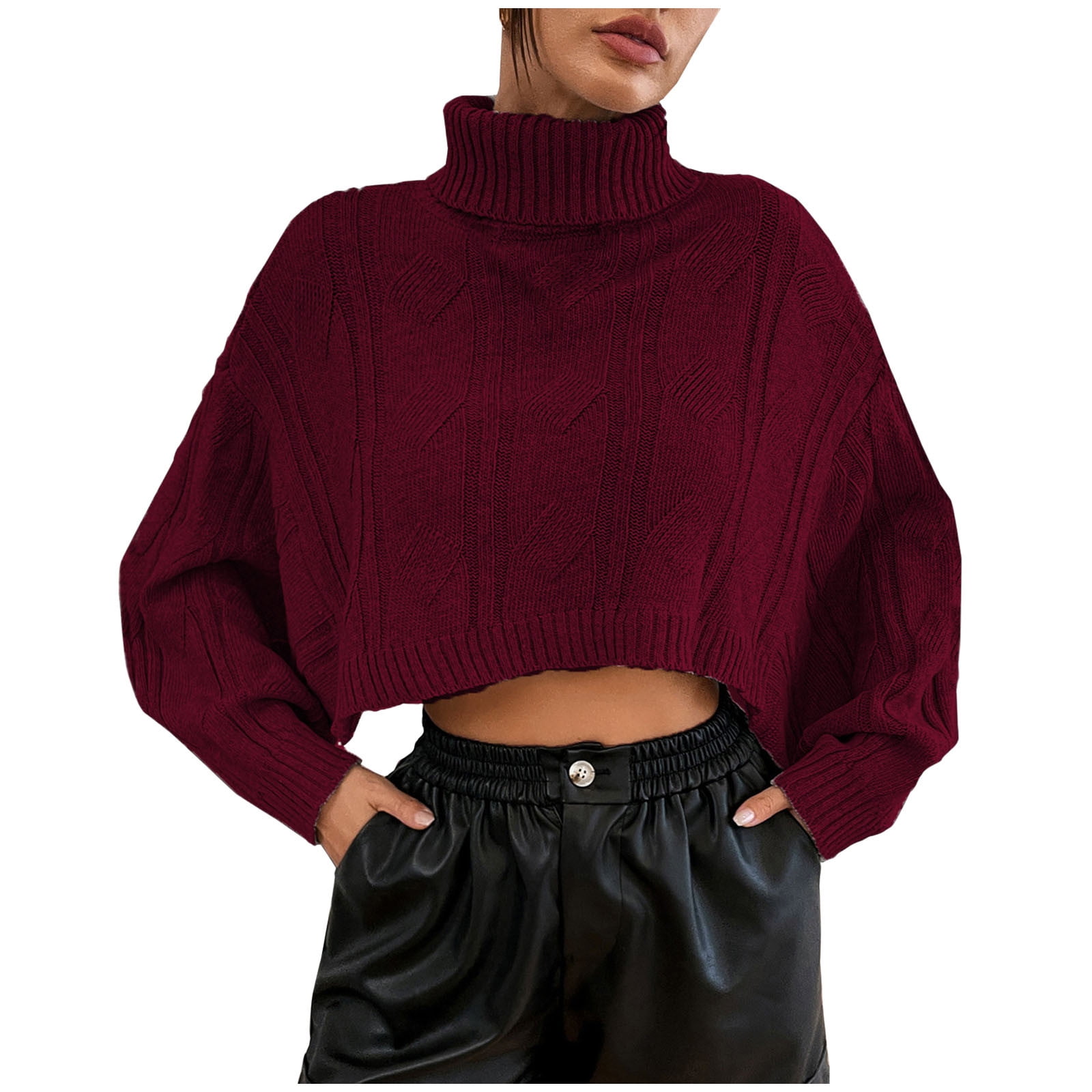 Womens Cropped Sweaters Batwing Sleeve Turtleneck Pullover