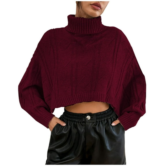 Womens Cropped Sweaters Batwing Sleeve Turtleneck Pullover Oversized Knit Sweater Solid Color Jumper Tops