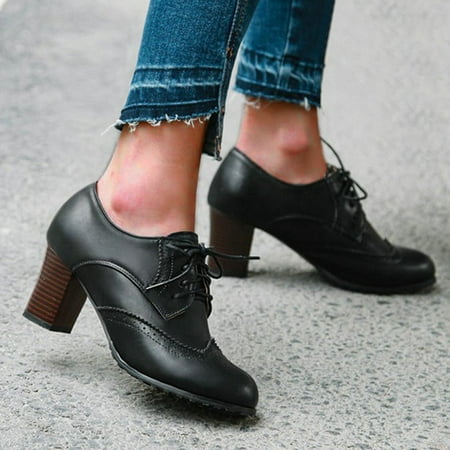 

KEUSN Women Ankle Boots Foreign Trade Large Size Vintage Leather Shoes Fashionable and Comfortable Round Toe Square Heel Thick Lace Up