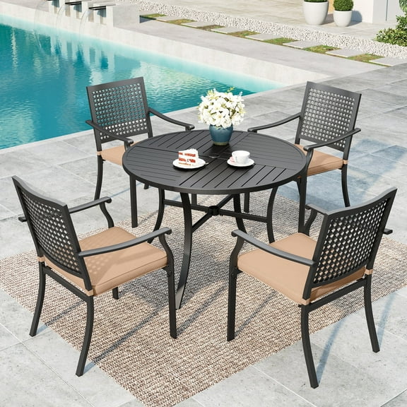Summit Living 5-Piece Outdoor Patio Dining Set with 4 Steel Stackable Armchairs with Cushions (Weight Capacity 350 lbs) & 1 Metal Round Table with Umbrella Hole, Black & Brown