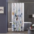 thumbnail image 1 of Cortinas de ducha estrechas de tela con diseño floral de acuarela, 91 x 182 cm, con diseño de flores en azul verdoso y azul, de poliéster suave e impermeable con ganchos., 1 of 5