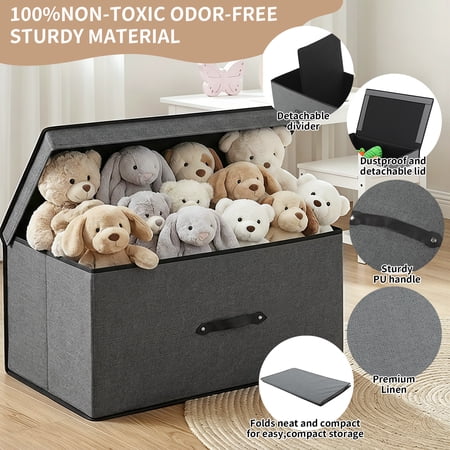 HONEIER Large Toy Box, Toy Box with Lid, Foldable Toy Box Storage Chest for Kids Playroom Nursery Living Room, 24 x 16 x 12 Inches, Gray