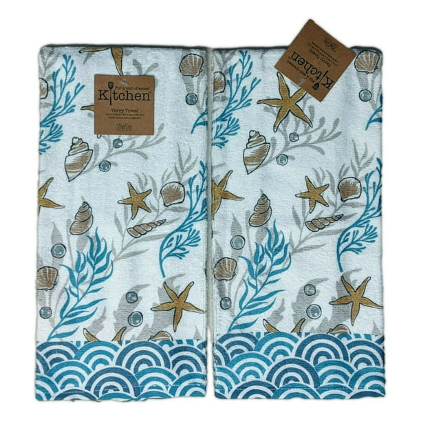 Set of 2 GOLDEN SEAS Coastal Nautical Terry Kitchen Towels by Kay Dee