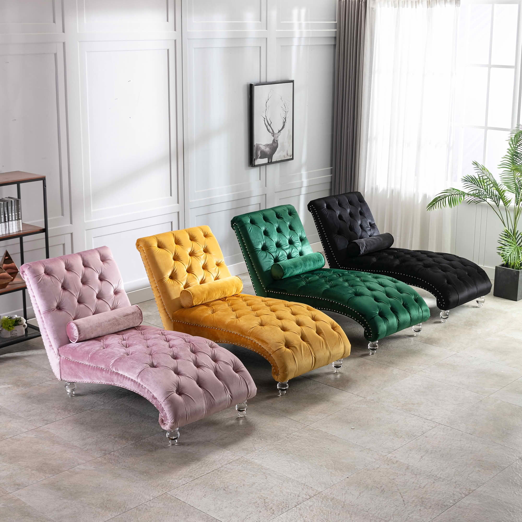 MAYEERTY Velvet Button Tufted Chaise Lounge with Pillow, Ergonomic S-Shape Indoor Lounge Chair with Wood Frame Acrylic Legs for Bedroom Living Room Office