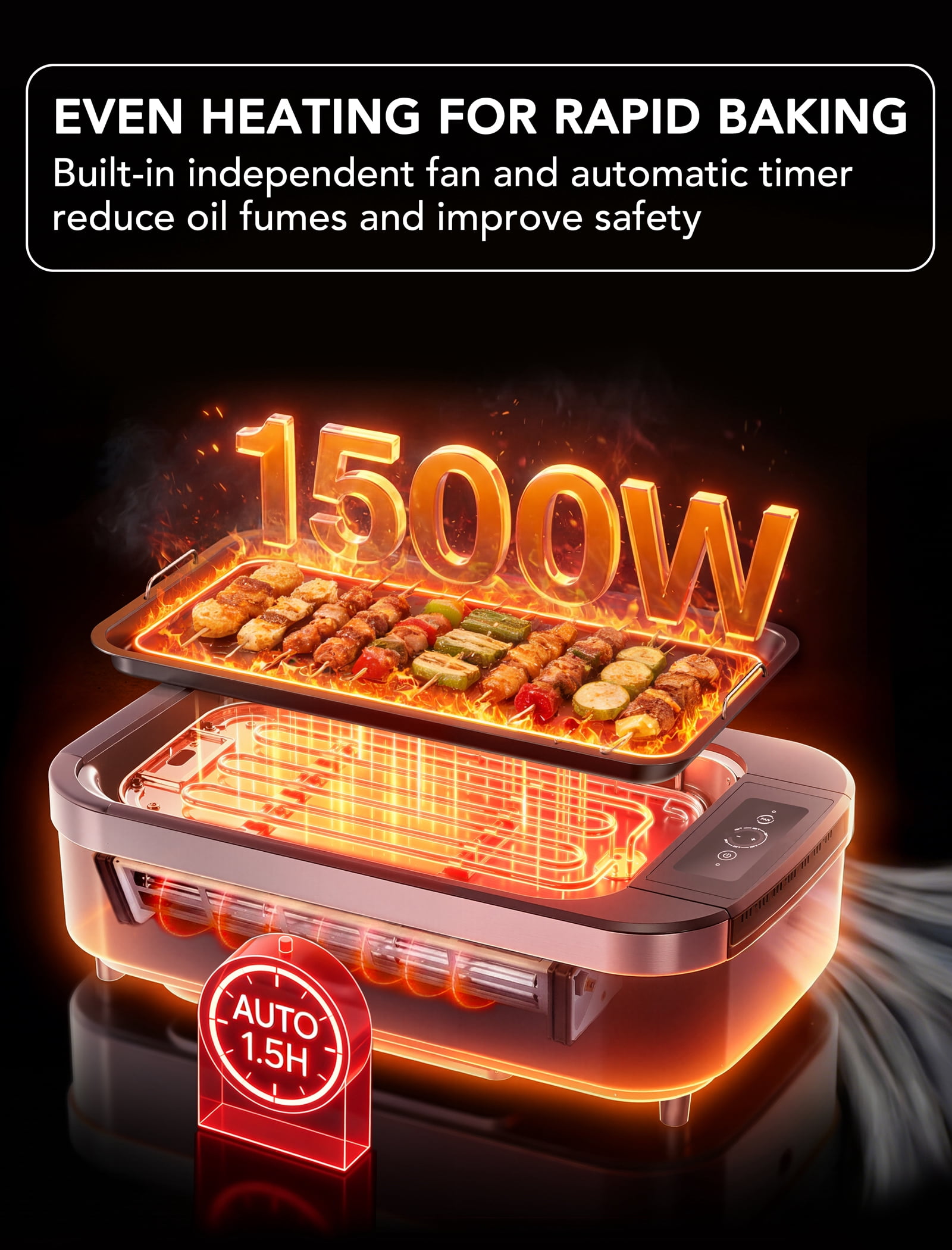CRZOE Indoor Smokeless Electric Grill, 1500W Korean BBQ Grill with Drip Tray & Tempered Glass Lid, Compact Portable, NonStick, 6-Level Control, 90 Min Auto Timer, Dishwasher Safe, Black