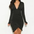 thumbnail image 4 of Ygbgbb Womens Cotton Fall Bodycon Dresses Midi Dresses V Neck Pleated Waist Casual Long Sleeve Dresses Solid Color Black XL, 4 of 9