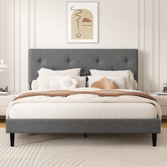 Frostbloom Queen Size Linen Upholstered Platform Bed Frame with Adjustable Headboard, Gray