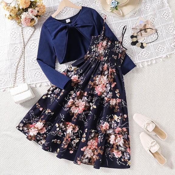 RTKFRFLM Girls 2-Piece Summer Dress Set Floral Print Camisole Sundress with Long Sleeve Cardigan Overlay Elegant Fashionable Outfits for Big Girls and Ages 8-12 Years