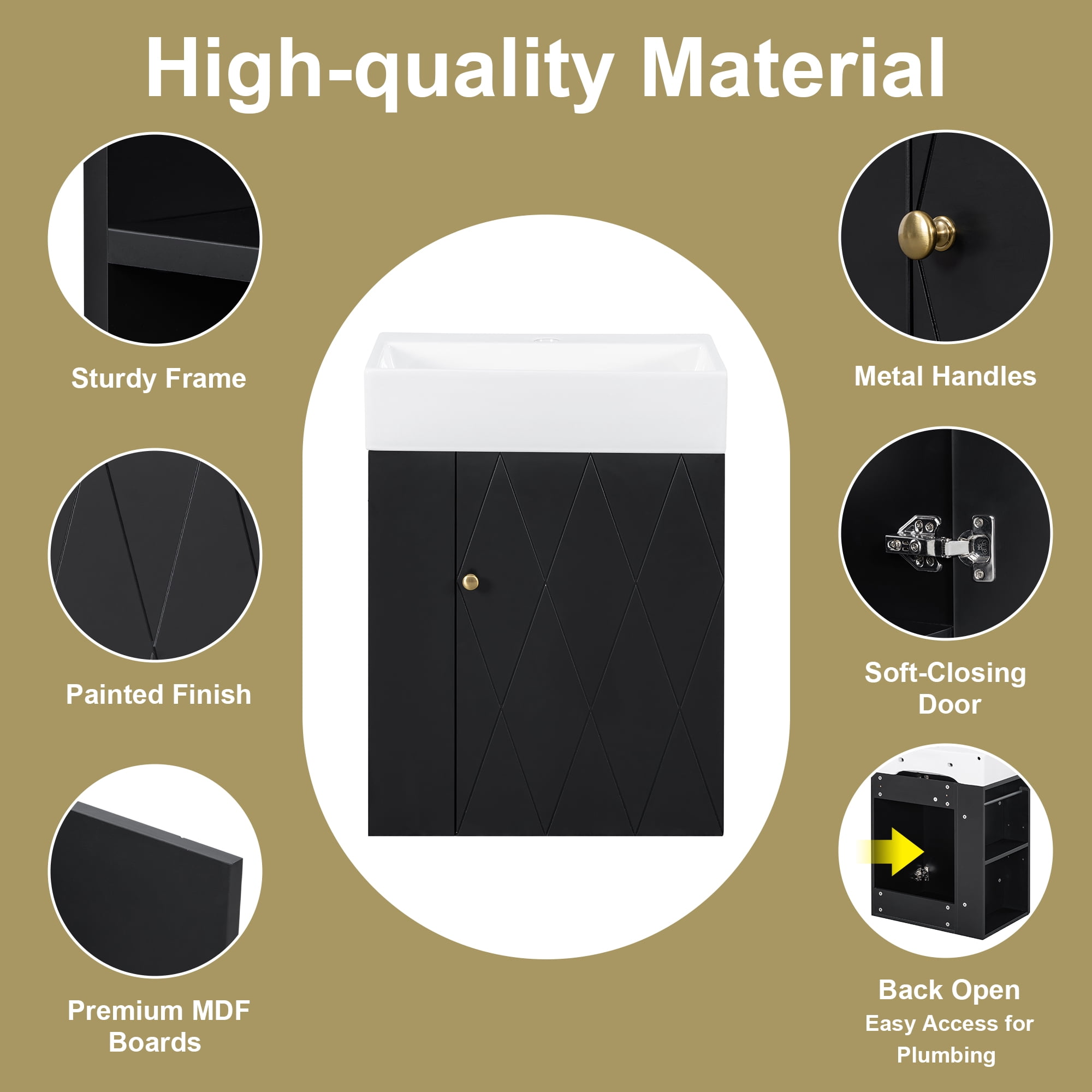 20 Inch Bathroom Vanity with Ceramic Sink, Diamond Pattern Door Design, Gold Handle & Side Storage Shelves – Modern Small Space Cabinet with Towel Bar, MDF Construction