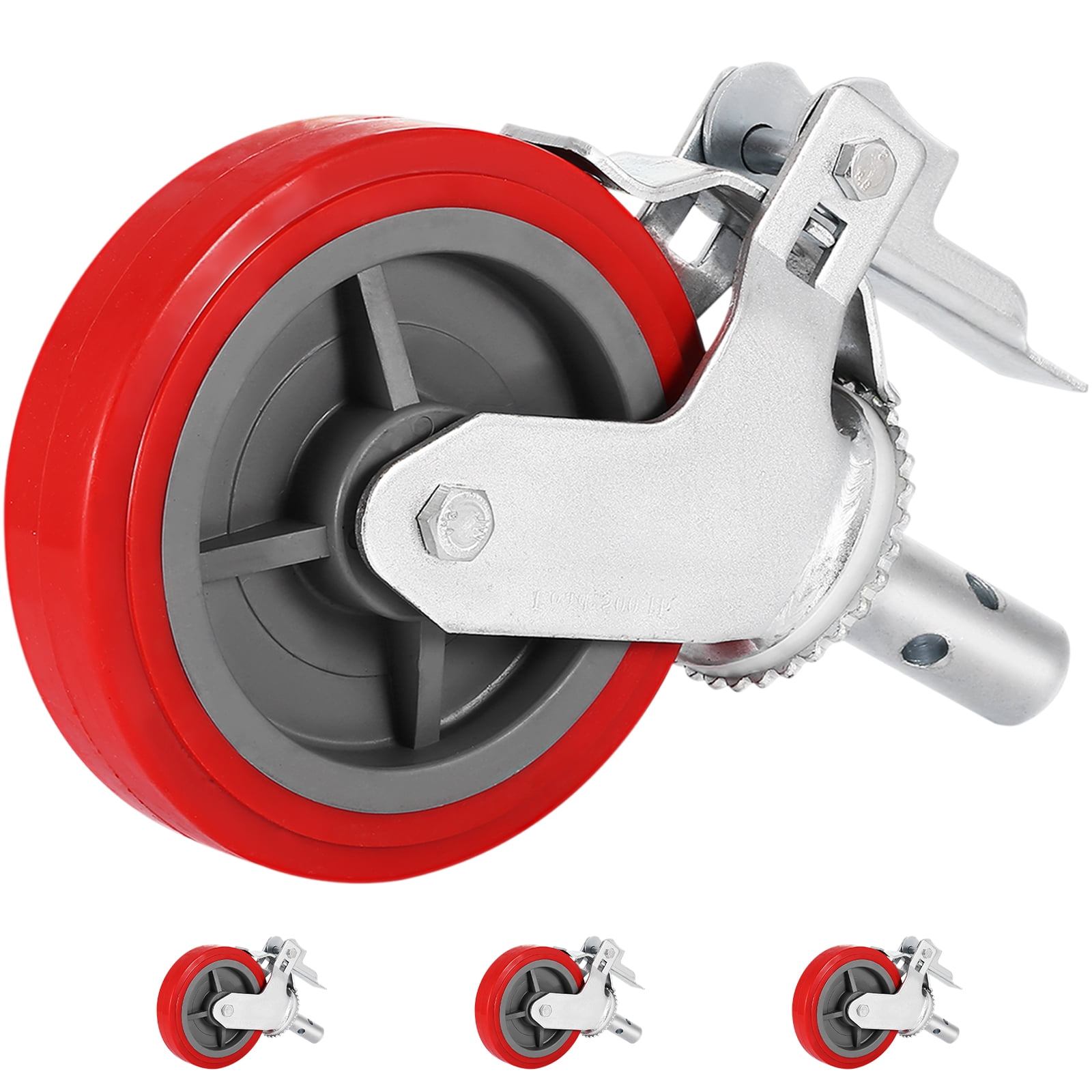 4 pcs Scaffold Caster 6" x 2" Red Wheels w/ Locking Brakes 1-3/8" Stem 2800 lbs.
