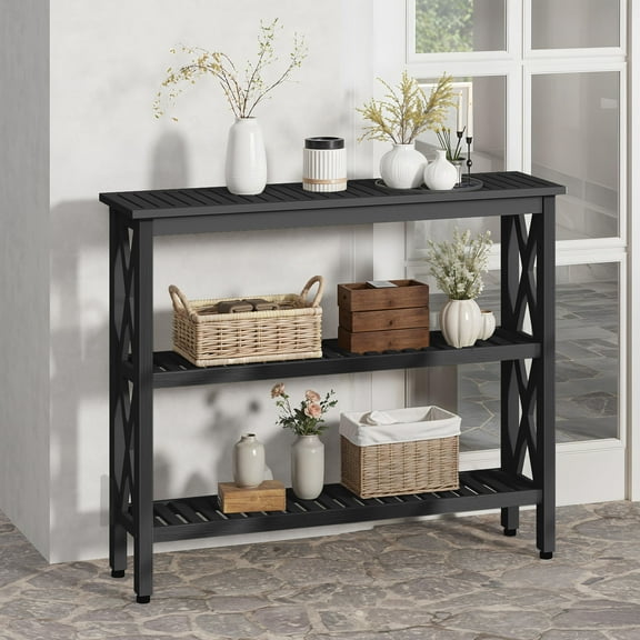 Craftian 39.4"W Patio Side Table, Weatherproof Wood Console Table for Outdoor, Black