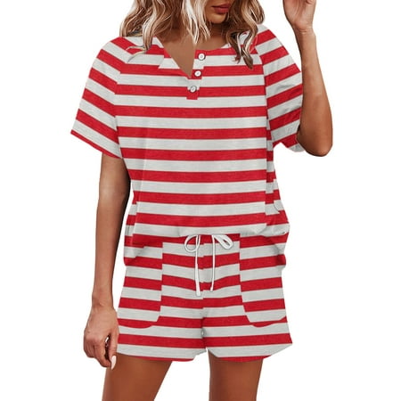 

Woobling Women Nightwear Elastic Waist Sleepwear 2 Piece Outfits Loungwear Ladies Loose Fit Beach Pajamas Red M