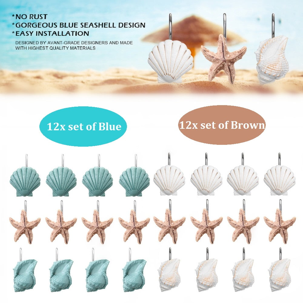MUTOCAR 12 PCS Fashion Decorative Home Bathroom Seashell Shower Curtain Hooks (Seashell: Light Brown, Starfish: Tan, Conch: Light Brown)