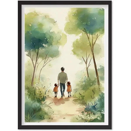 Dad With Kids Artwork - Dad, Son And Daughter Serene Walk In The Park - Wall Art, Matte Canvas Stretched, Posters for Room Bedroom Living Room Bathroom Wall Decor, Posters & Art Prints, Gift.