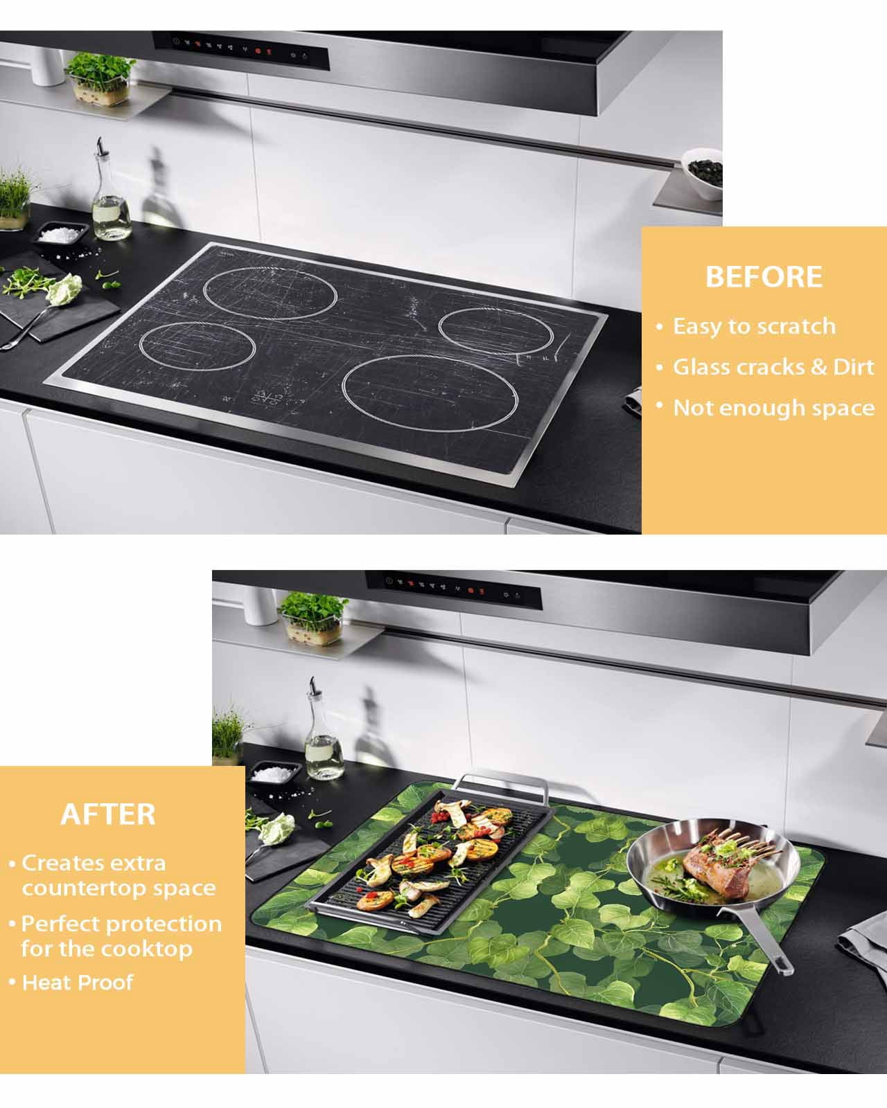nqOlkjepod Large Induction Cooktop Protector Mat 24"x21", Pastoral Leaves Stove Top Covers for Electric Stove, Spring Retro Abstract Botanical Stove Burner Cover Mats, Glass Top Stove Cover