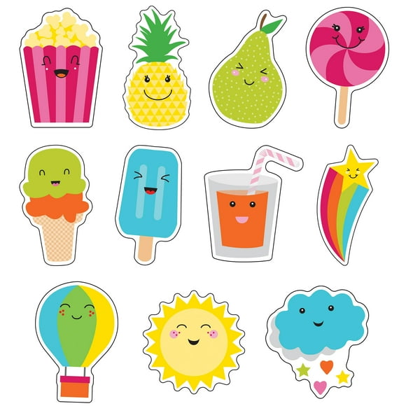 Carson Dellosa School Pop 36-Piece Summer Bulletin Board Decorations, Hot Air Balloon, Popcorn, Popsicles, Fruit, Ice Cream, Sun, and Star Cutouts for Tropical Party, Posterboard, and Classroom Decor