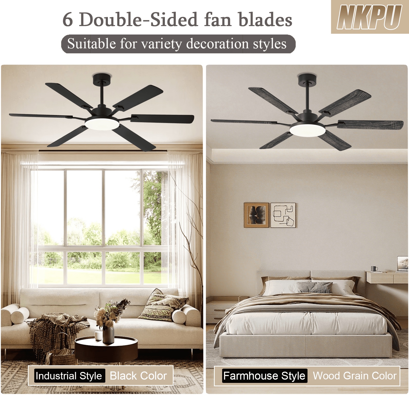 60inch Black Ceiling Fans with Lights and Remote/App Control, Low Profile Ceiling Fan with Light and 6 Double-Side blades, Flush Mount, LED Dimmable DC Reversible Modern Ceiling Fan for Bedroom