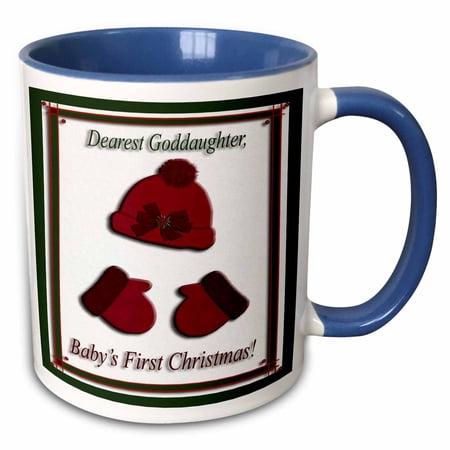 3drose Red Cap and Mittens Babys First Christmas Goddaughter Poinsettia Bow 11oz Two-tone Blue Mug