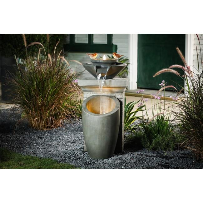Luxen Home Cement Two Tier Pedestal Outdoor Fountain with LED Lights 