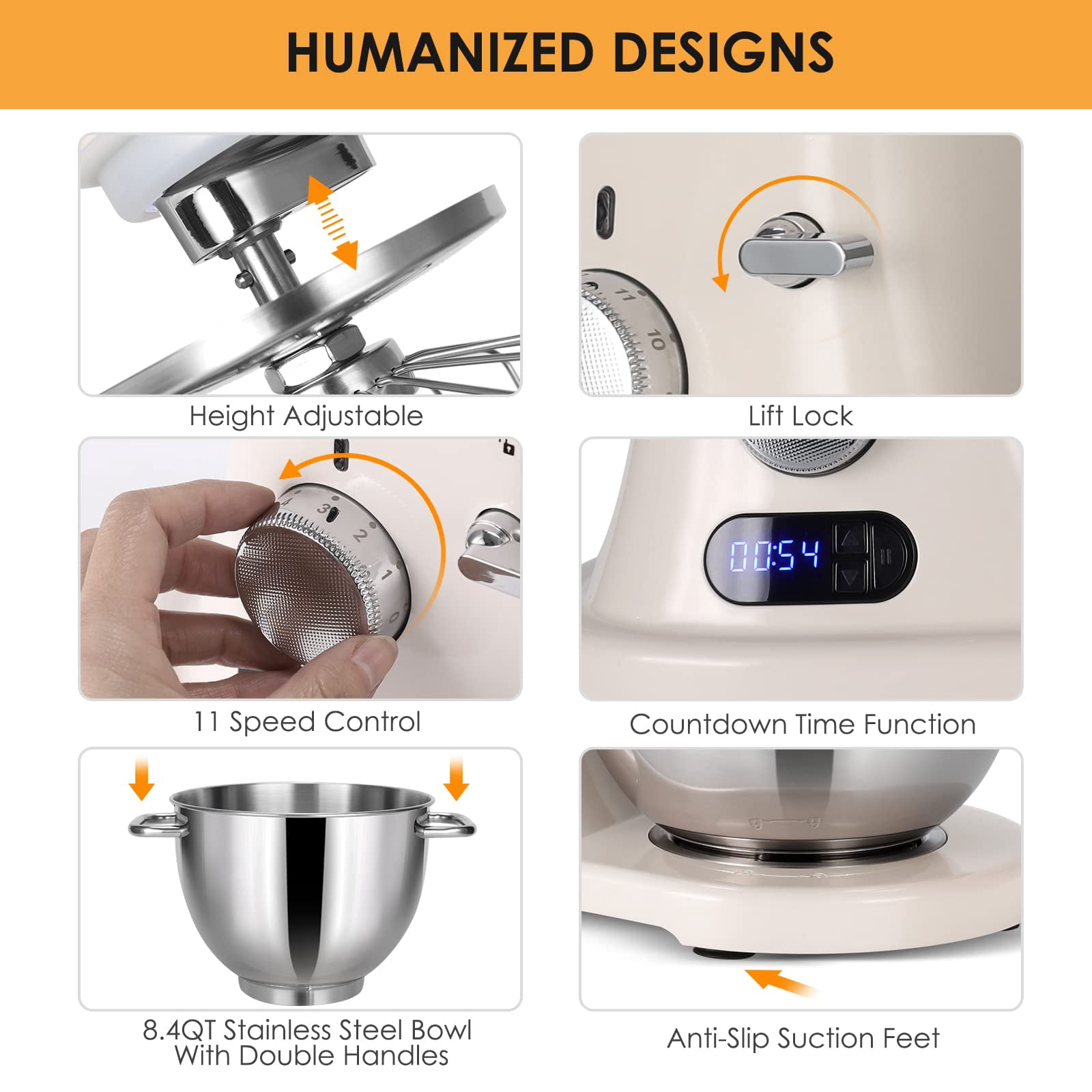 ZACME 8.4QT Commercial Stand Mixer 800W, 11 Speed, Metal Food Mixers Kitchen Electric Stand Mixer with Stainless Steel Bowl 8L, Dough Hook, Whisk and Beater, Cream White